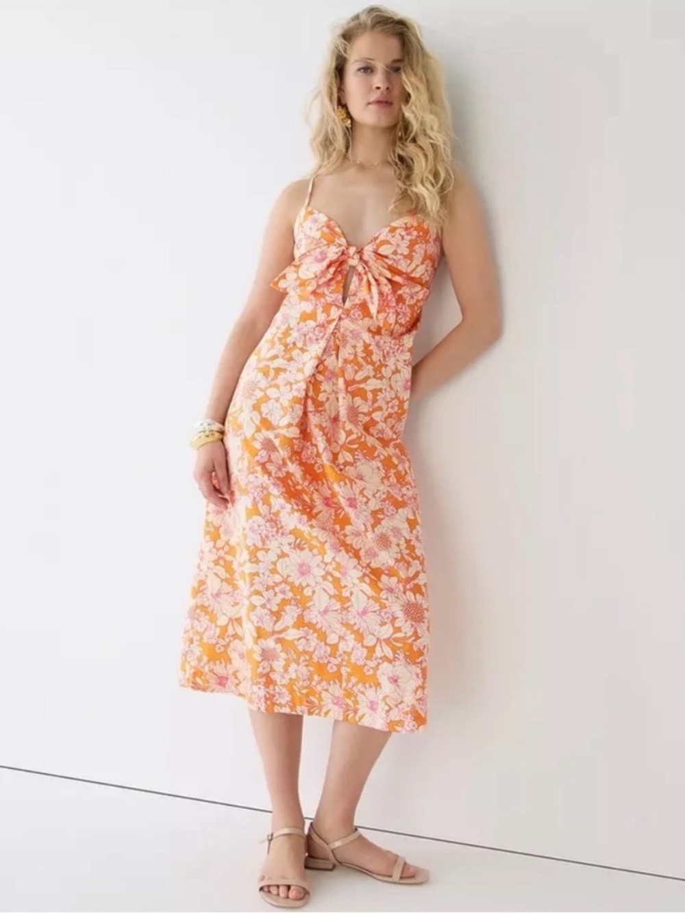 J. Crew Floral Tie-Front Midi Dress in Orange